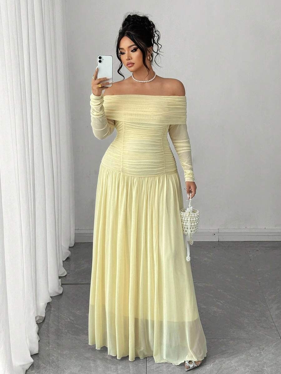 SHEIN Cravure فستان طويل بلون أصفر مميز