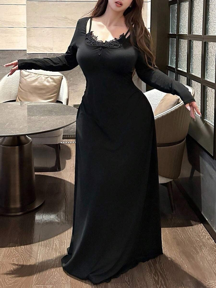 SHEIN Vibekara فستان طويل أسود مزين بالدانتيل والزهور