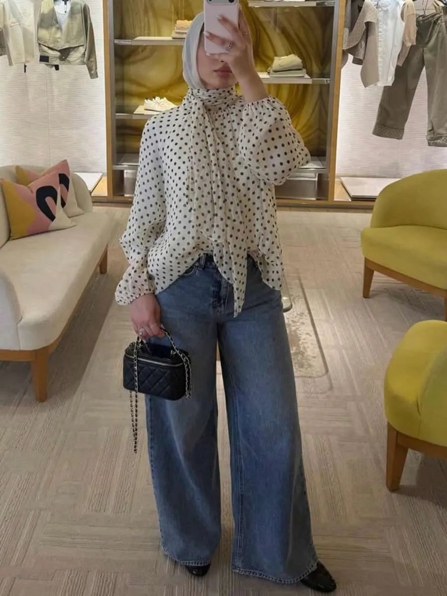 SHEIN بلوزة نسائية أنيقة باللون البيج بنقاط بولكا وشريط عنق