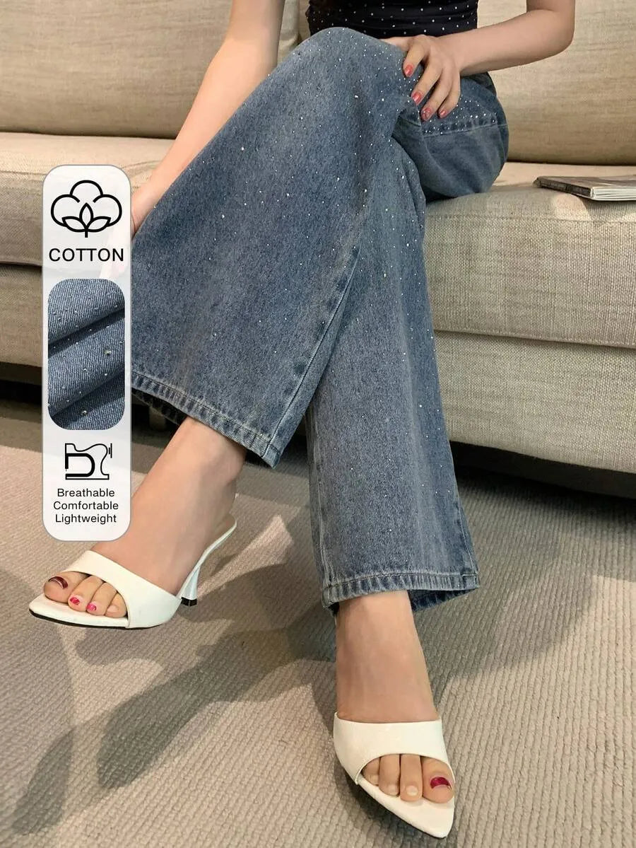 SHEIN DAZY بنطلون جينز فضفاض مستقيم مرصع بالراين بلون أزرق متوسط