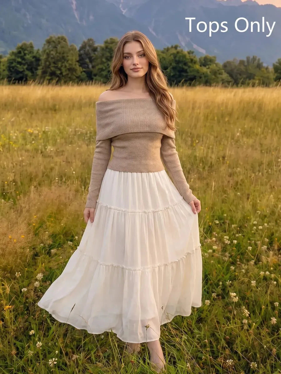 SHEIN MOD كنزة نسائية محبوكة بياقة كتف مكشوف وأكمام طويلة بلون كاكي