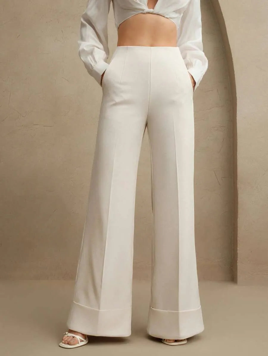 SHEIN Anewsta Essential بنطلون بلون بيج طويل واسع الساق بخصر منخفض