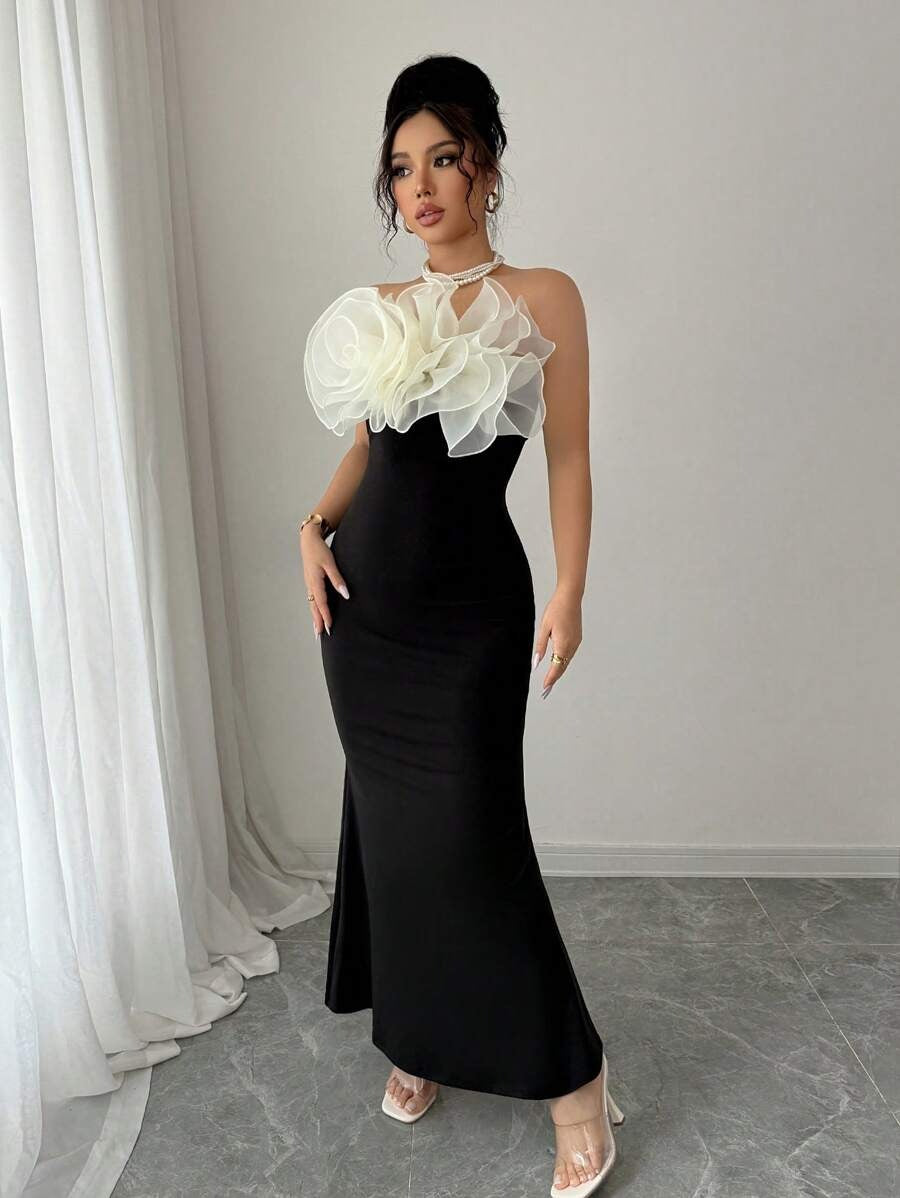 SHEIN Rafferiza فستان أسود طويل مزين بزهرات شيفون