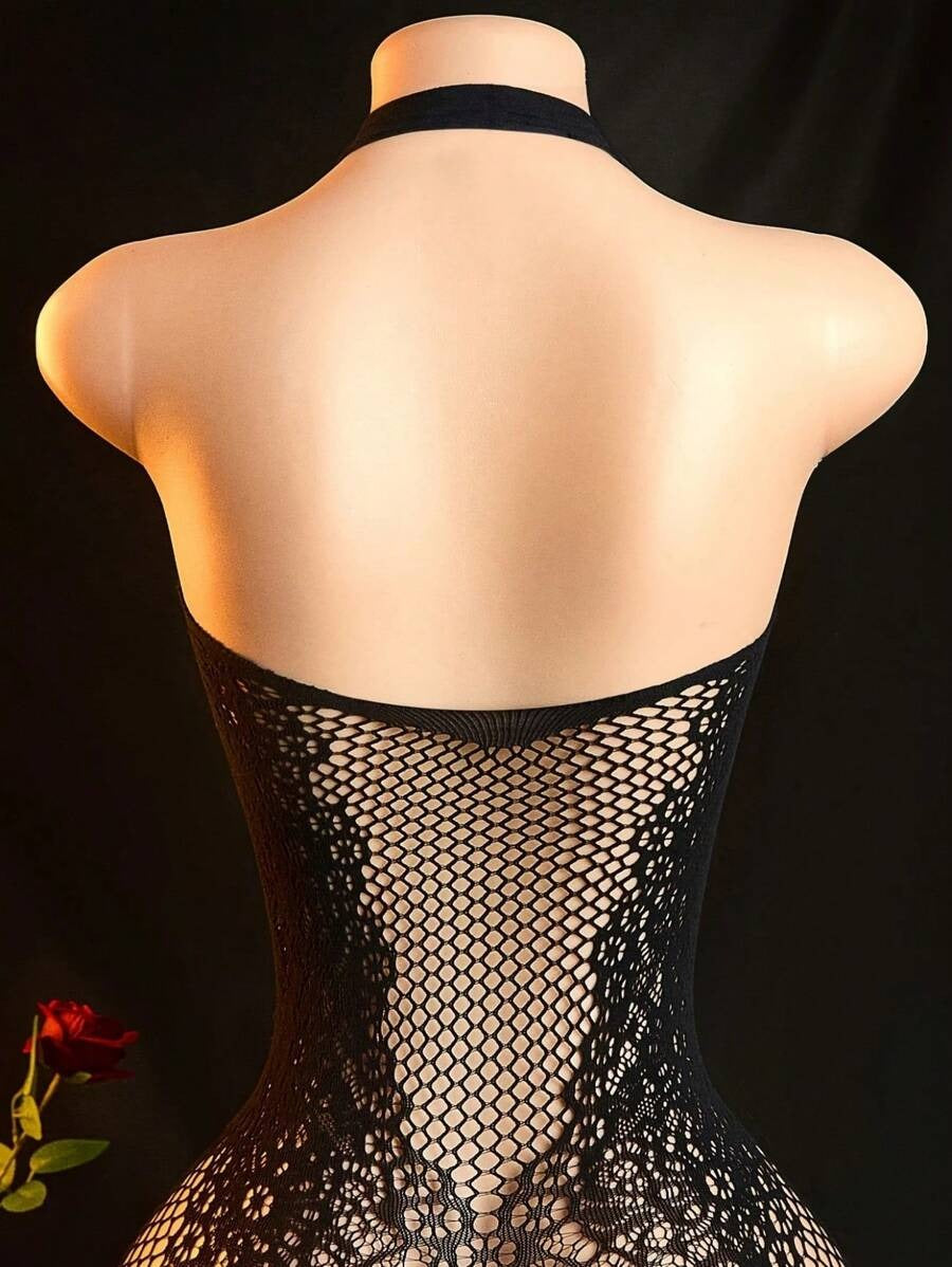 SHEIN بودي ستوكينج نسائي شبكي أسود برقبة حالتر تصميم مثير
