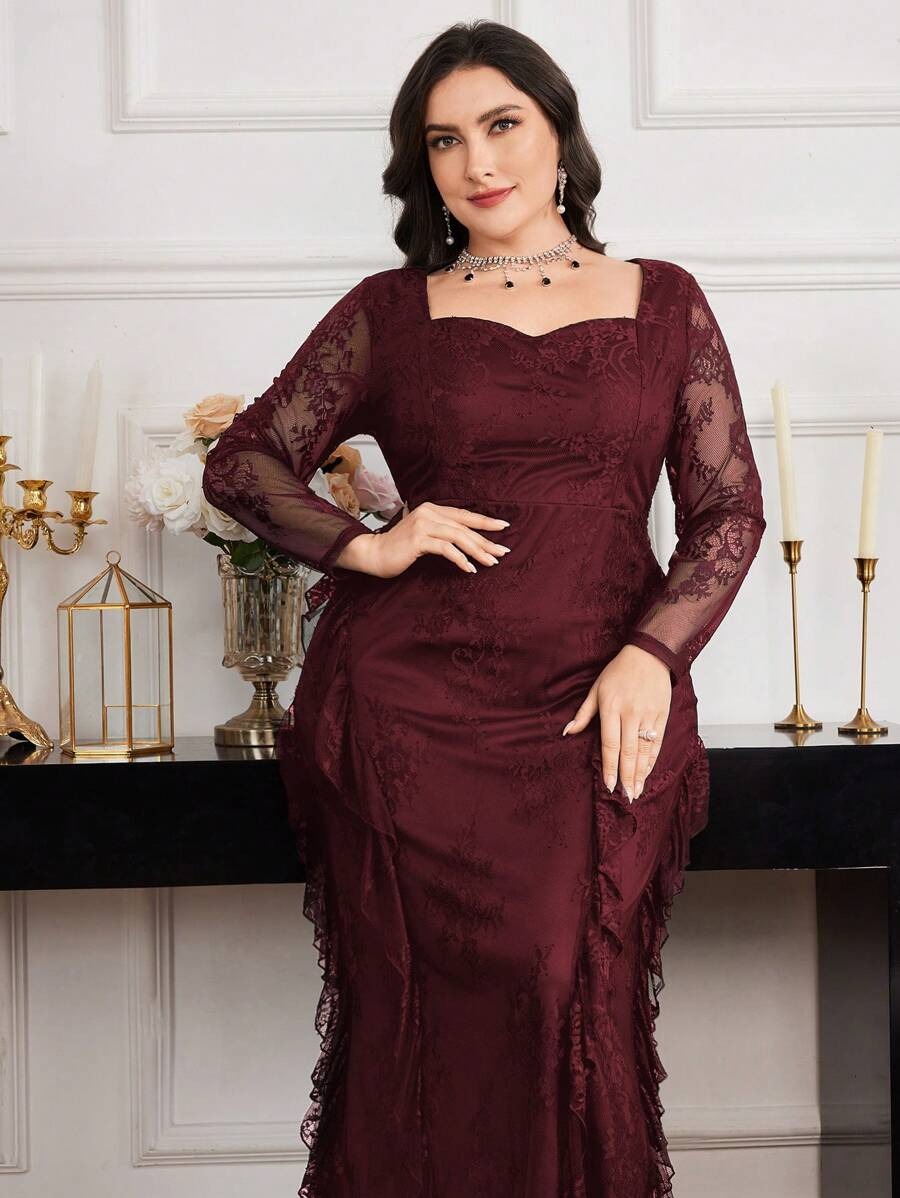 SHEIN Modelyn فستان طويل راقي  بلون عنابي بتفاصيل دانتيل