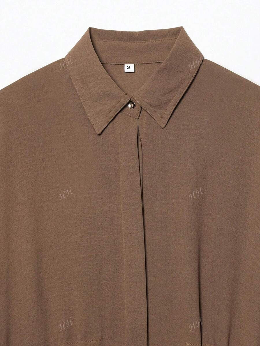 SHEIN طقم نسائي بني توب برباط وبنطال واسع