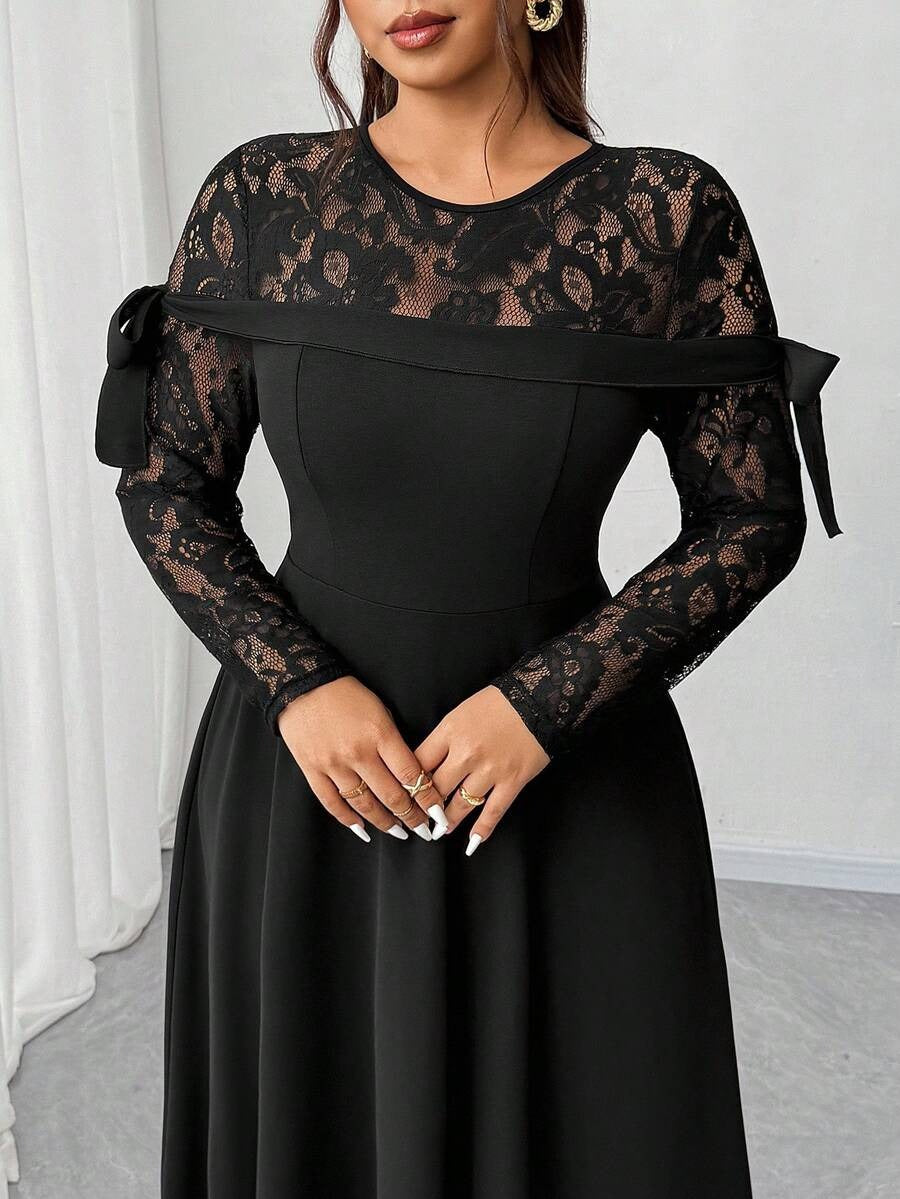 SHEIN Elenzga فستان أنيق مزين بالدانتيل والفيونكة بلون أسود