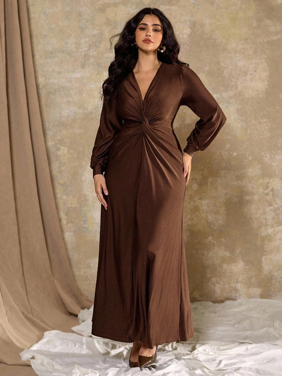 SHEIN Roveilla فستان بني ناعم بقصة فرنسية