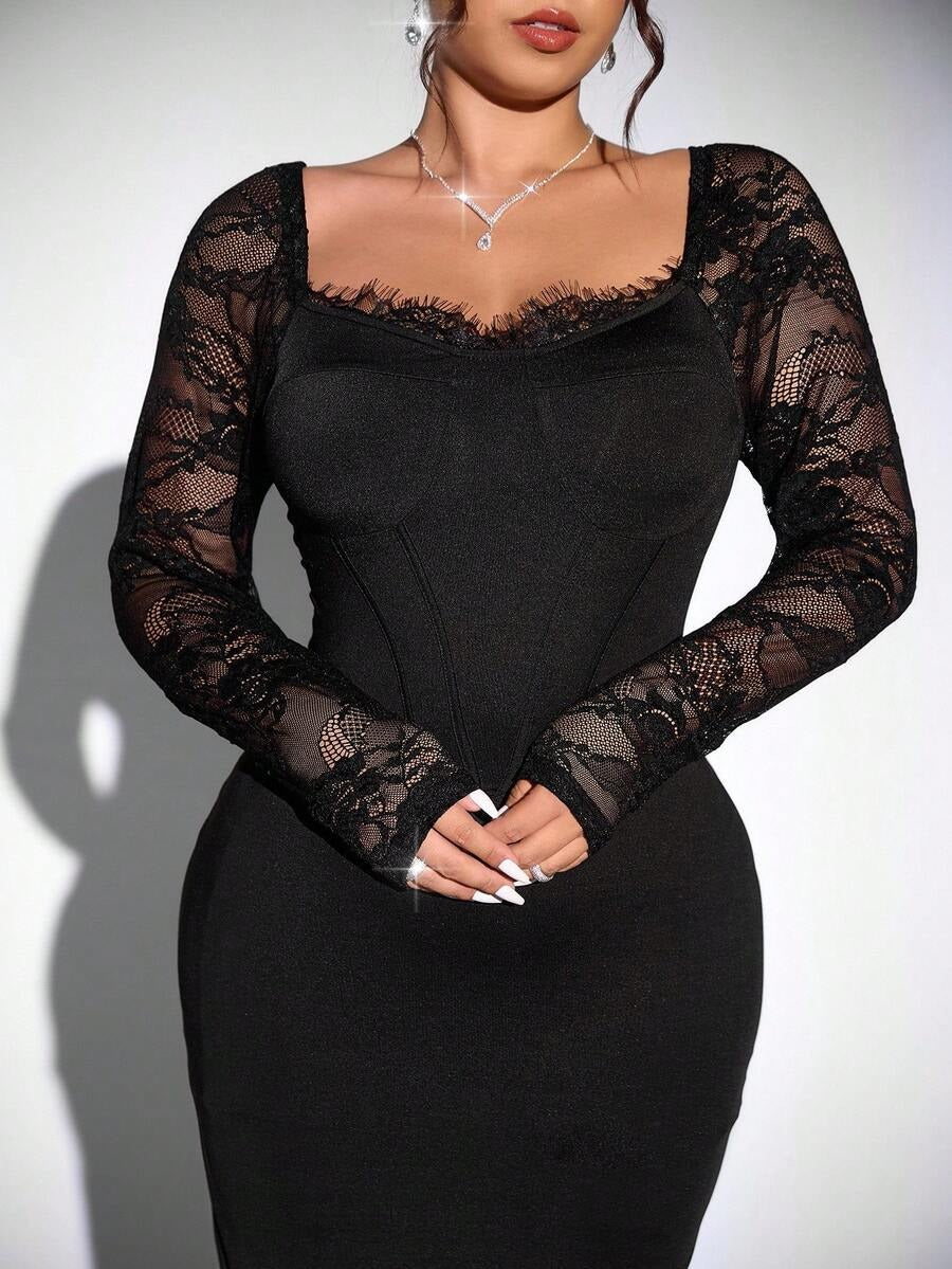 SHEIN Firerie فستان باللون الأسود أنيق دانتيل بذيل السمكة