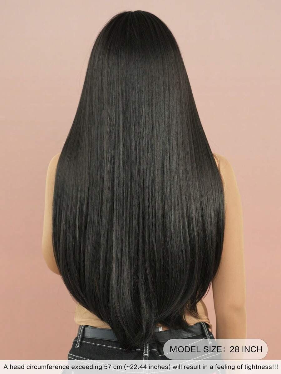SHEIN 7JHH WIGS شعر ناعم وطويل بلون أسود طبيعي مع غرة