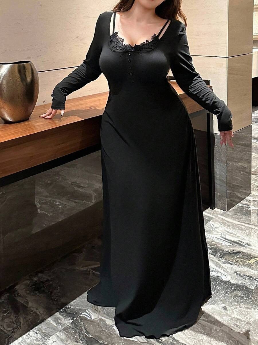 SHEIN Vibekara فستان طويل أسود مزين بالدانتيل والزهور