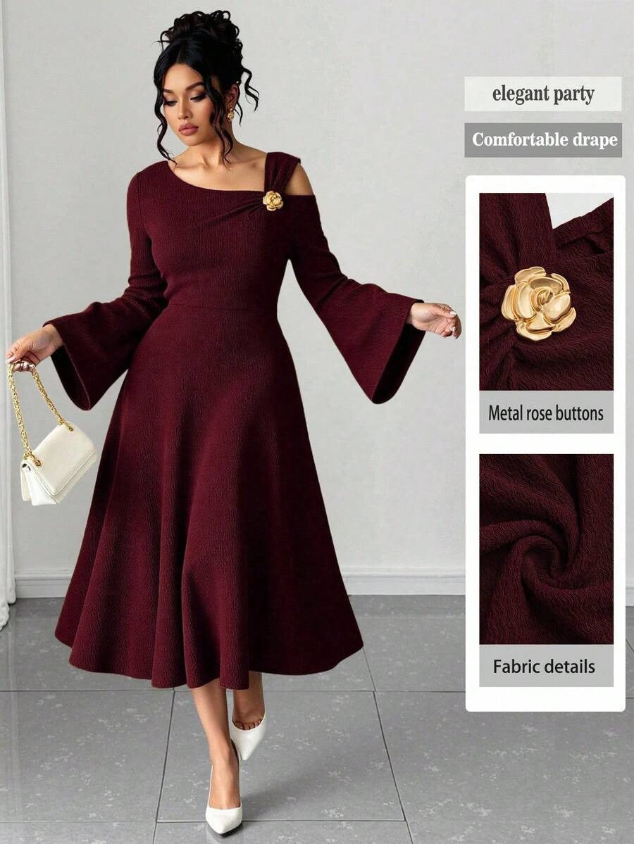 SHEIN Elenzga فستان ماكسي عنابي مقاس كبير بأكتاف غير متماثلة