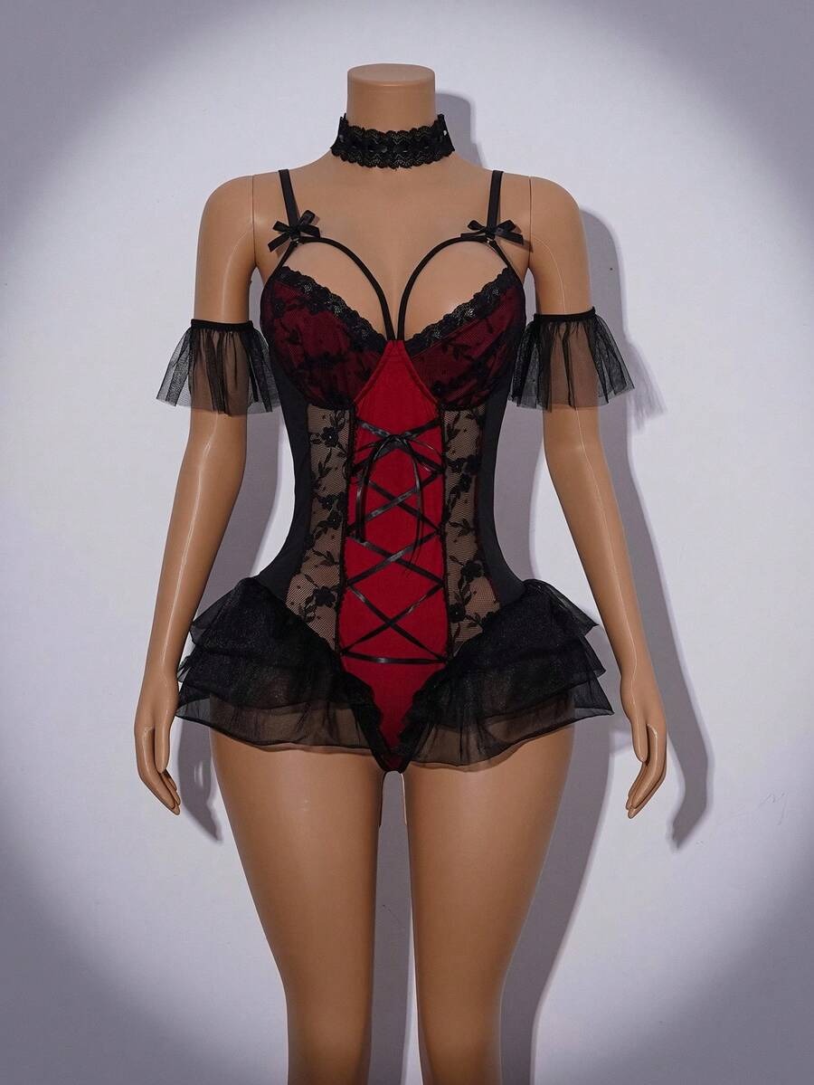 SHEIN  طقم 4 قطع لزي نسائي بنقشة دانتيل وفيونكة بلون أسود