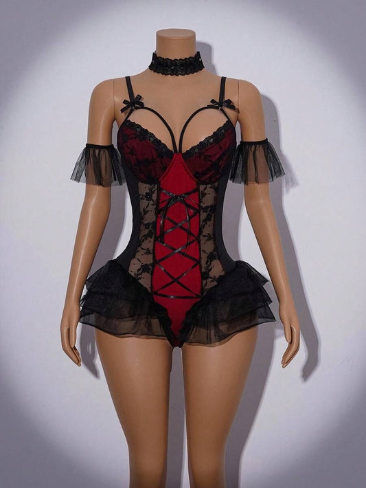 SHEIN  طقم 4 قطع لزي نسائي بنقشة دانتيل وفيونكة بلون أسود