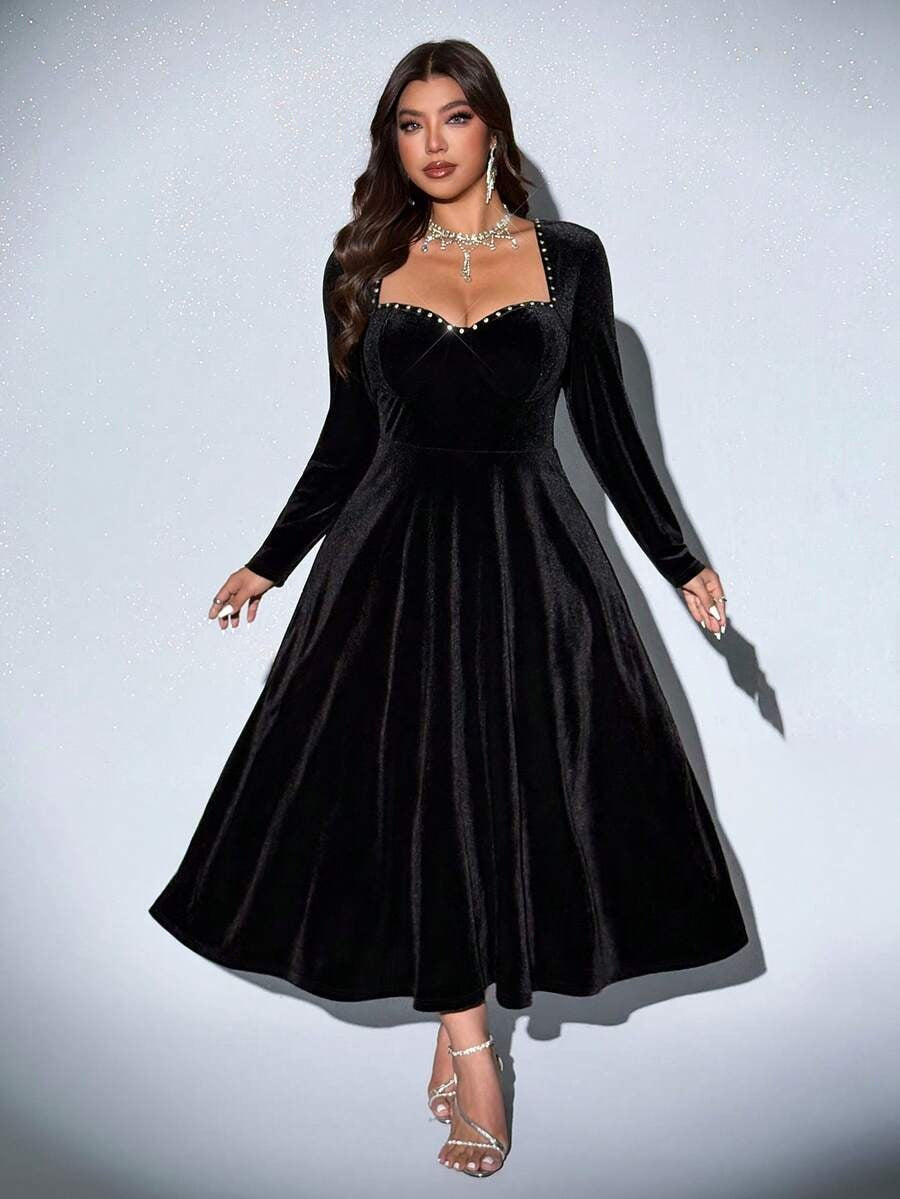 SHEIN Viva Relle فستان أنيق مزين باللؤلؤ المخملي بلون أسود