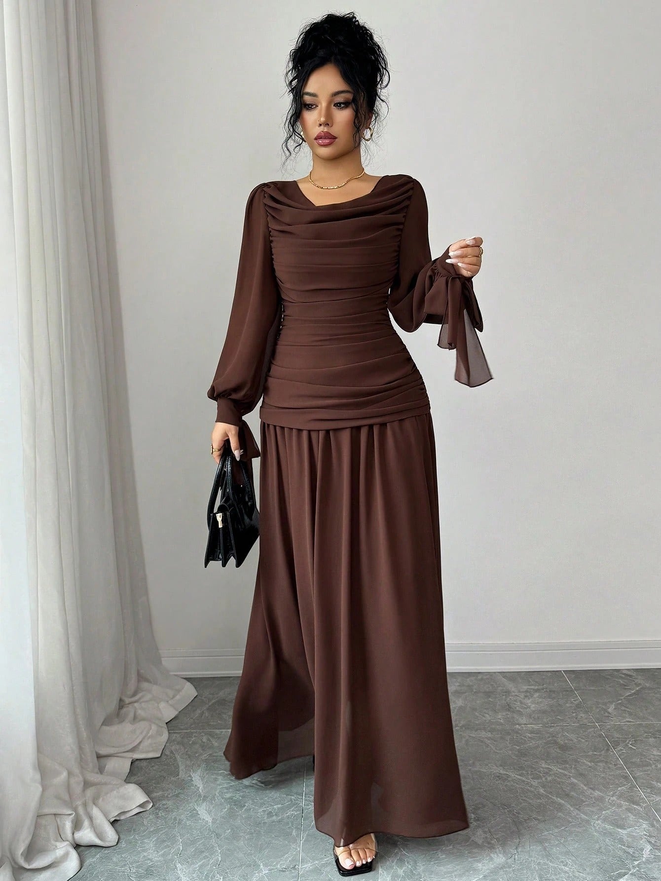 SHEIN Elenzga فستان شيفون بني أنيق بأكمام فانوس وطوق مكشكش وربطة خصر