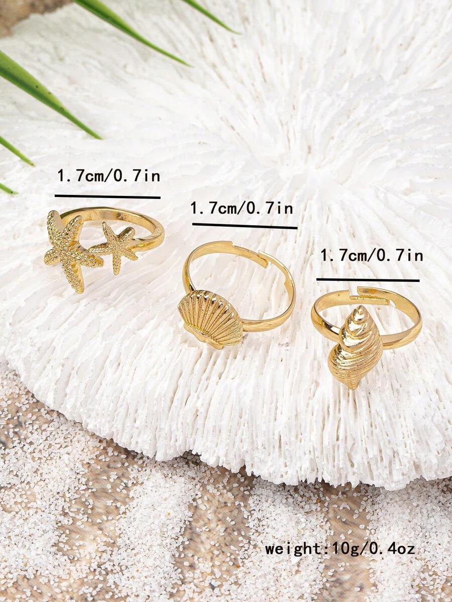 SHEIN طقم 3 خواتم بشكل نجمة بحر وأصداف