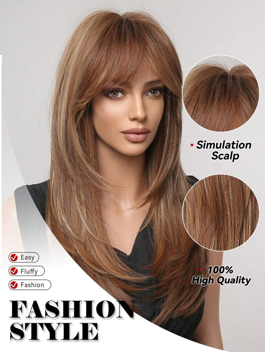 SHEIN باروكة شعر مستقيم بطول 24 بوصة بلون بني مظلل مع غرة
