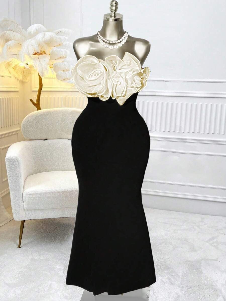 SHEIN Rafferiza فستان أسود طويل مزين بزهرات شيفون