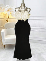 SHEIN Rafferiza فستان أسود طويل مزين بزهرات شيفون