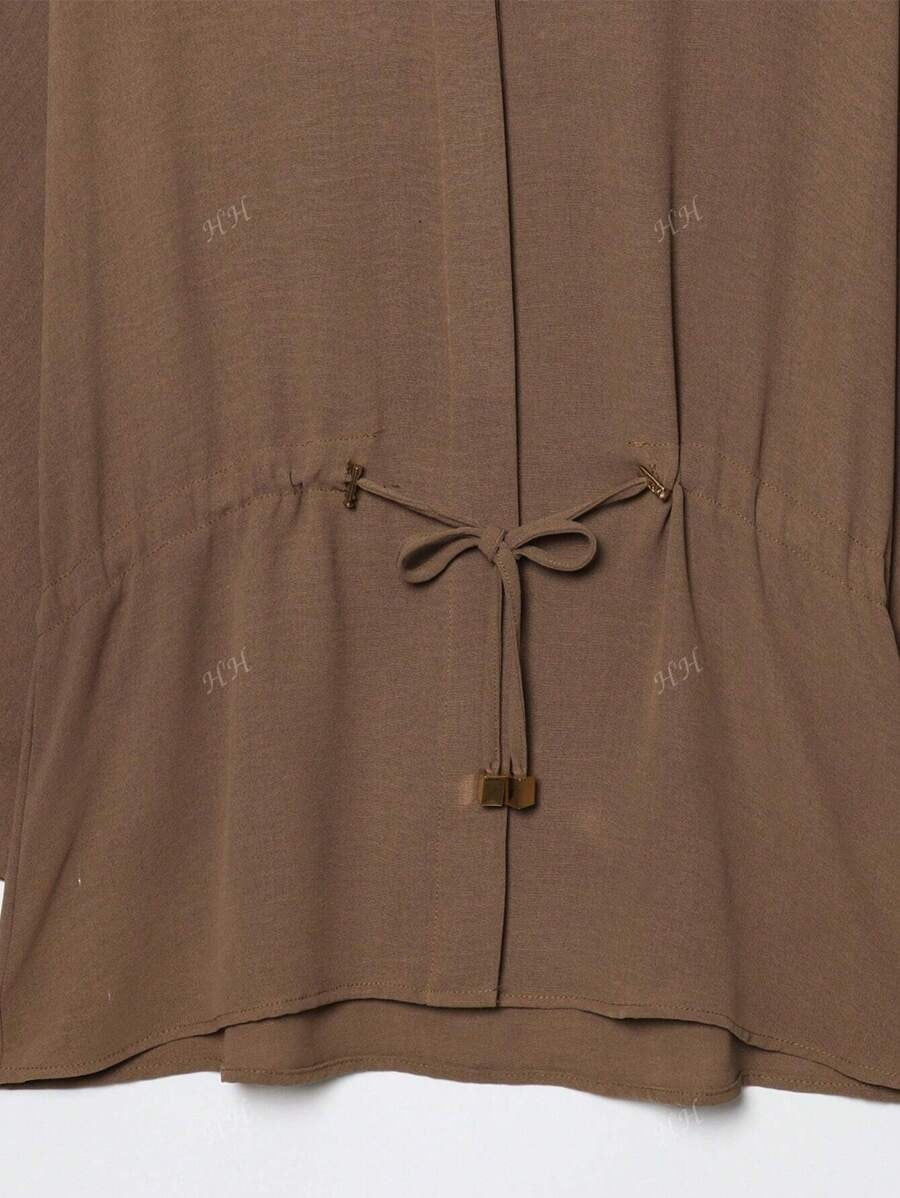 SHEIN طقم نسائي بني توب برباط وبنطال واسع