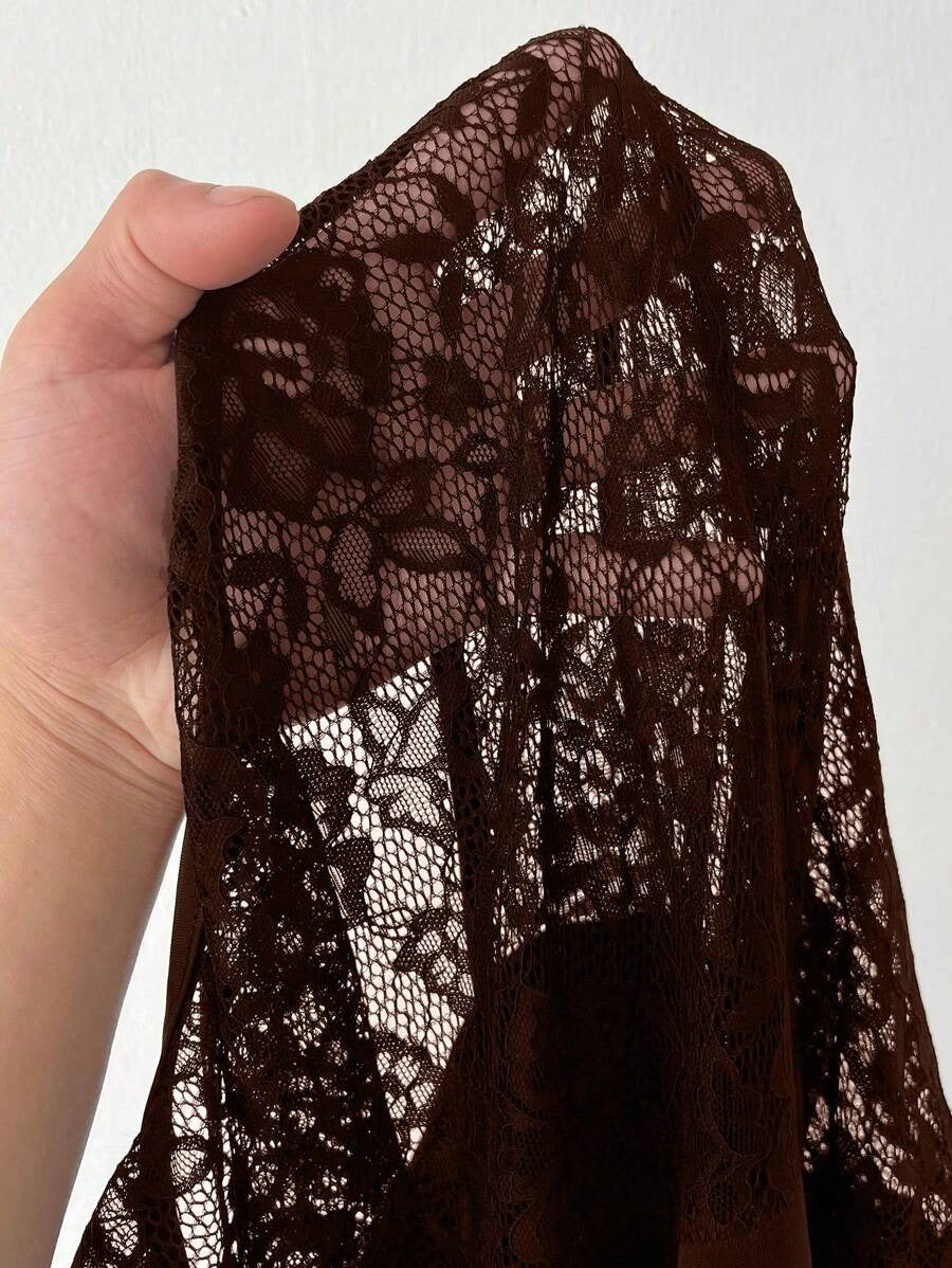 SHEIN Viva Relle فستان طويل بني بأكمام دانتيل للمقاسات الكبيرة
