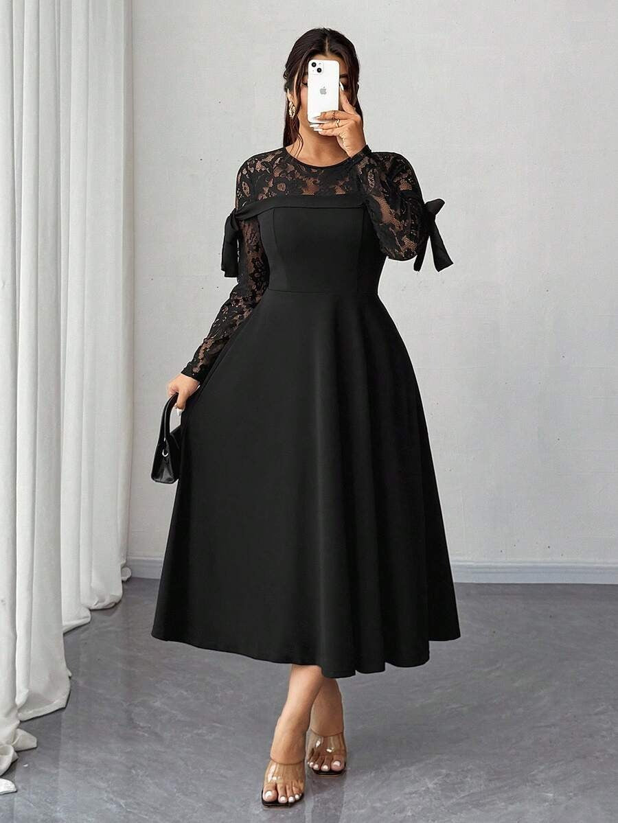 SHEIN Elenzga فستان أنيق مزين بالدانتيل والفيونكة بلون أسود