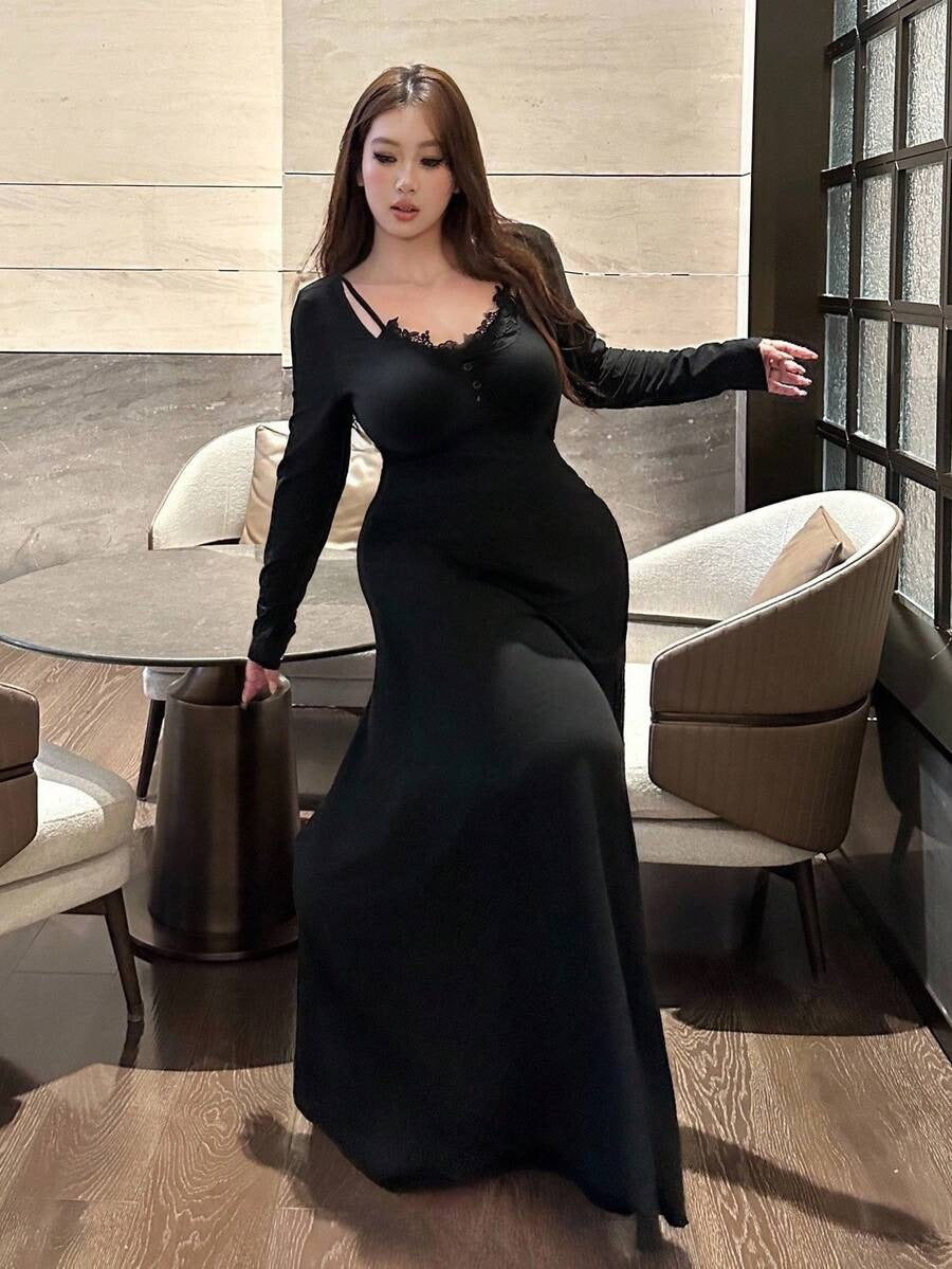 SHEIN Vibekara فستان طويل أسود مزين بالدانتيل والزهور