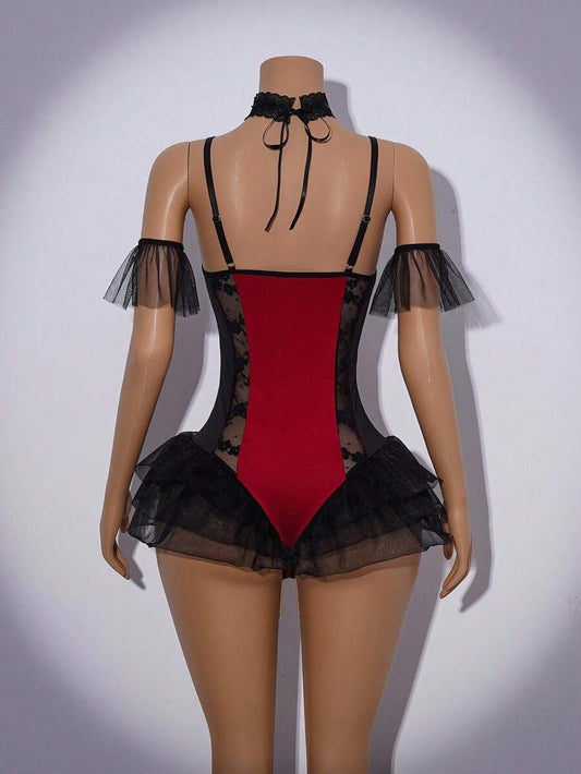 SHEIN  طقم 4 قطع لزي نسائي بنقشة دانتيل وفيونكة بلون أسود