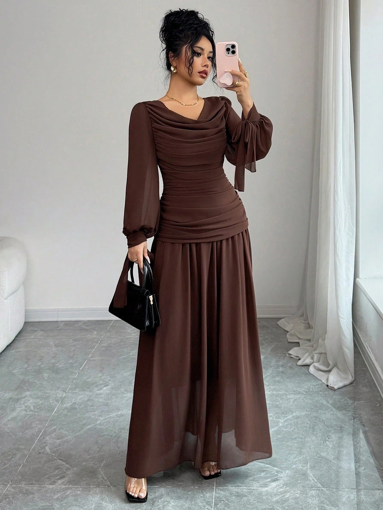SHEIN Elenzga فستان شيفون بني أنيق بأكمام فانوس وطوق مكشكش وربطة خصر