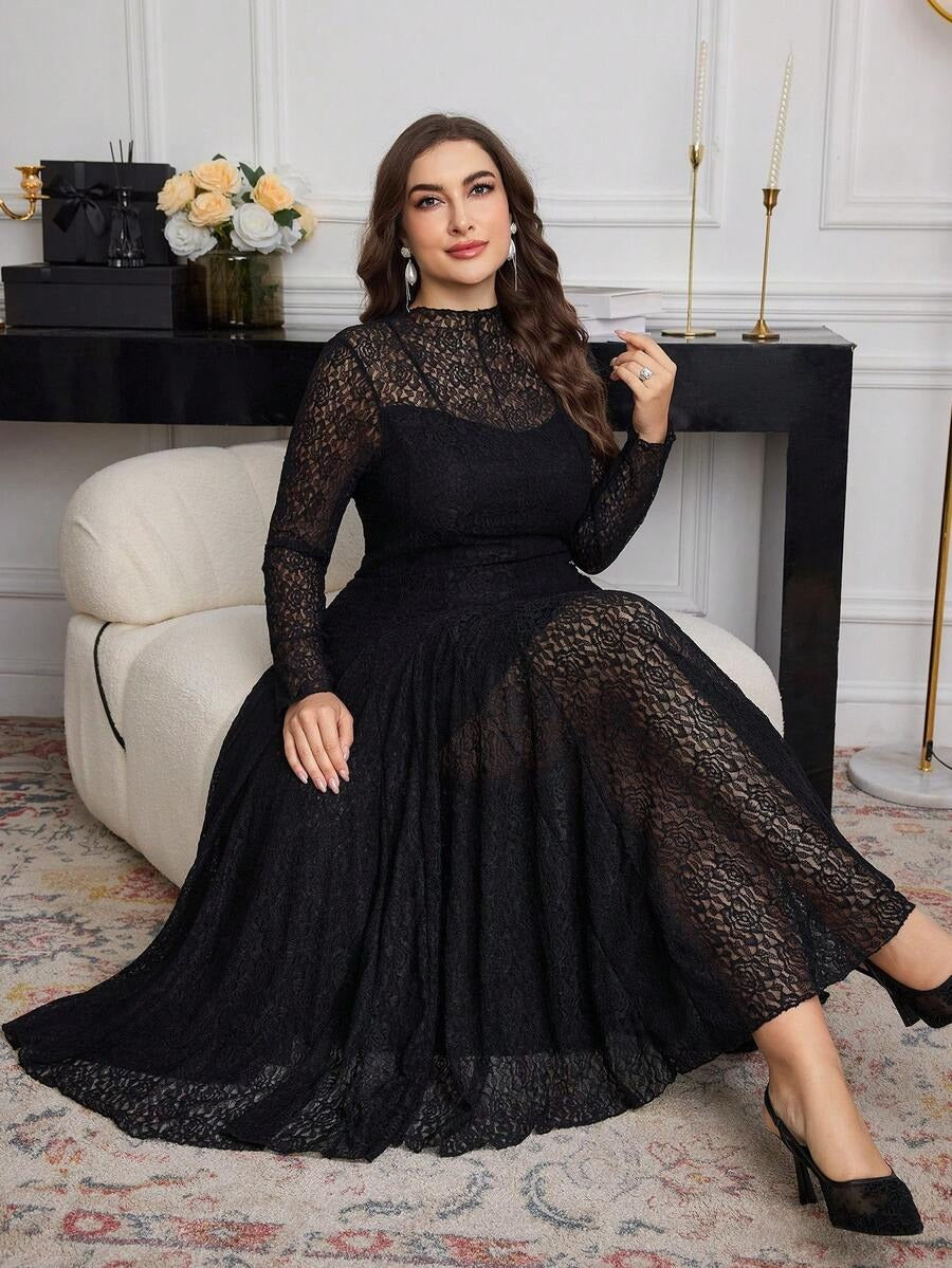 SHEIN Modelyn فستان طويل دانتيل أنيق بلون أسود