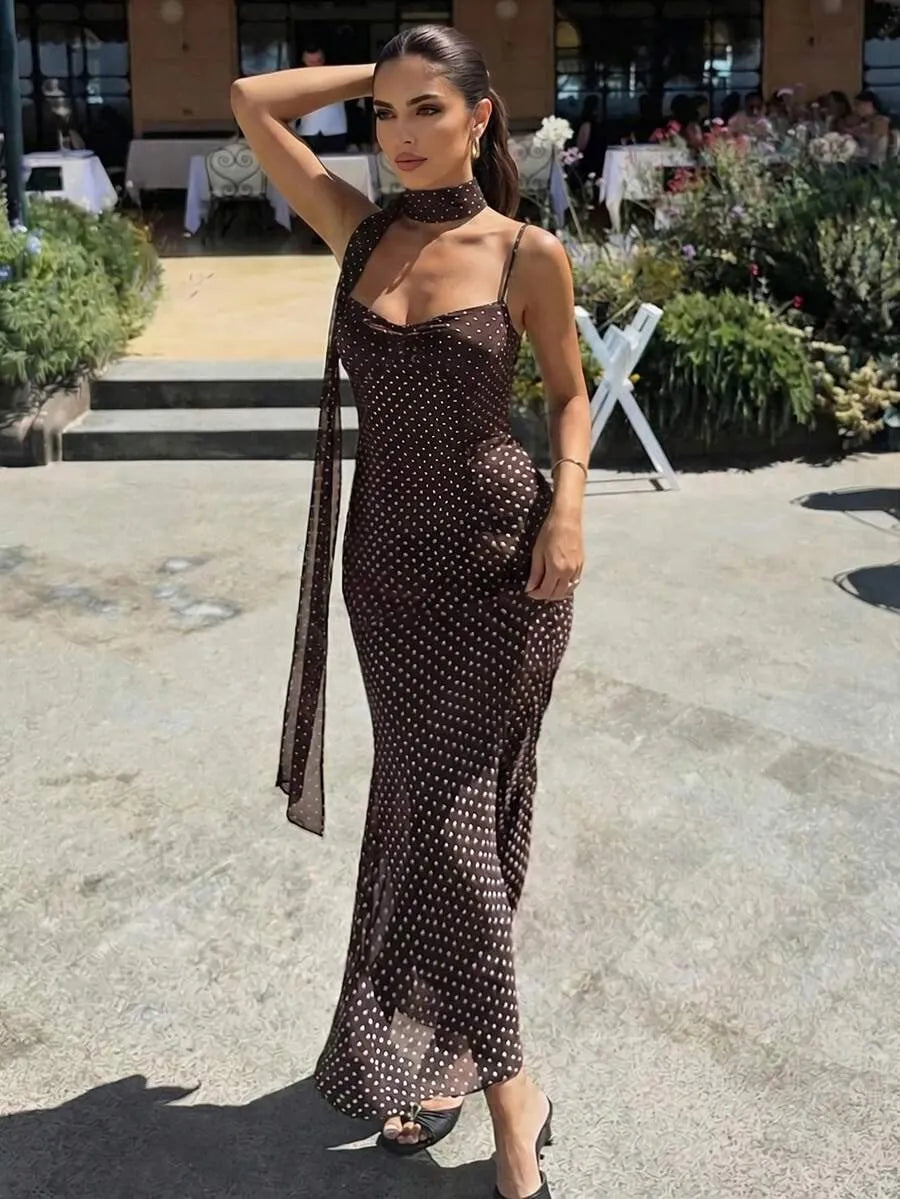 SHEIN Firerie فستان نسائي بني جديد بنقاط بولكا مع تصميم ذيل سمكة وحمالات سباغيتي