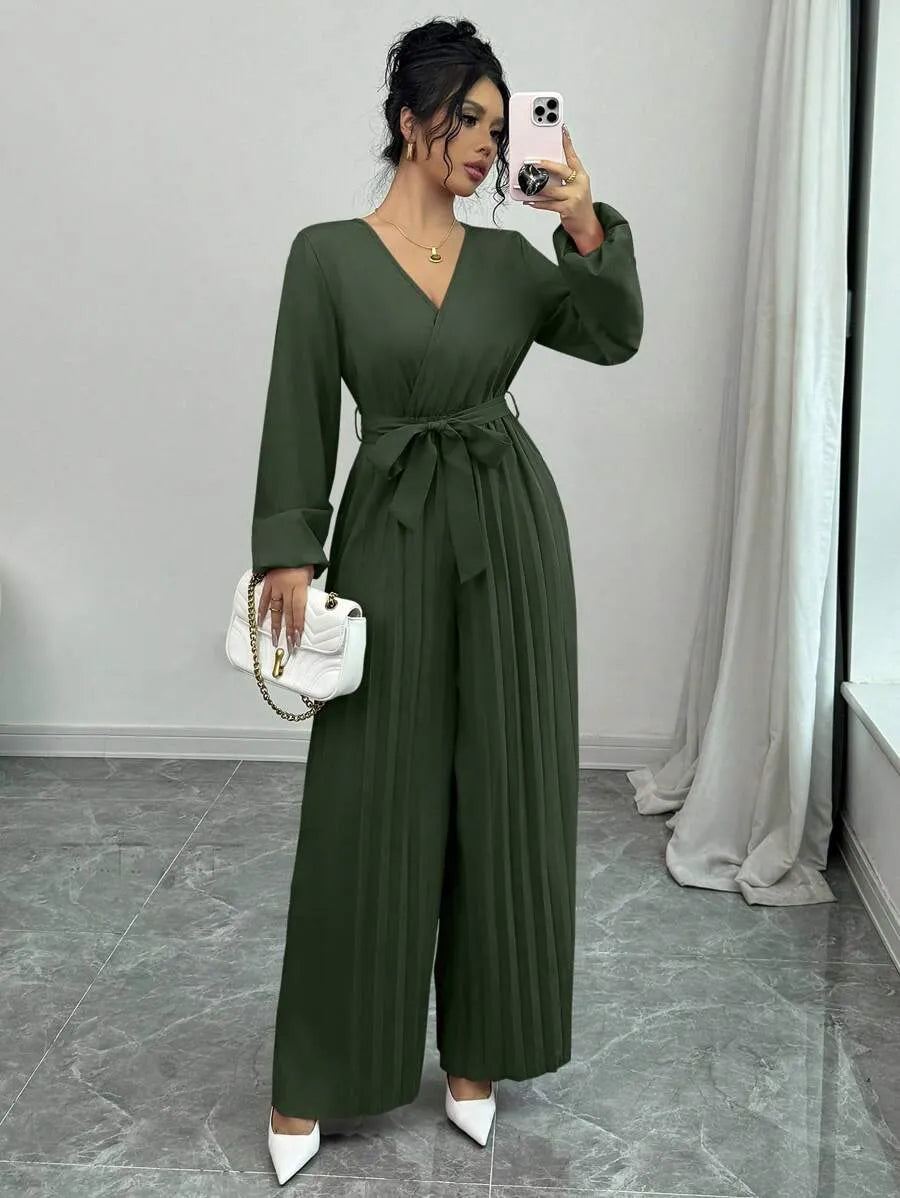 SHEIN Elenzga جمبسوت نسائي بياقة وأكمام منتفخة وساق واسعة بخصر عالٍ بلون أخضر عسكري