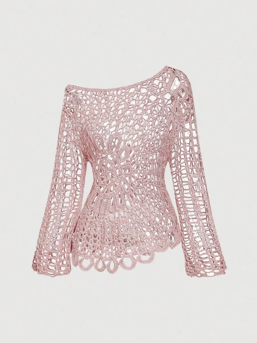SHEIN MOD توب نسائي كروشيه قصير مكشوف الكتف بأكمام طويلة بلون وردي
