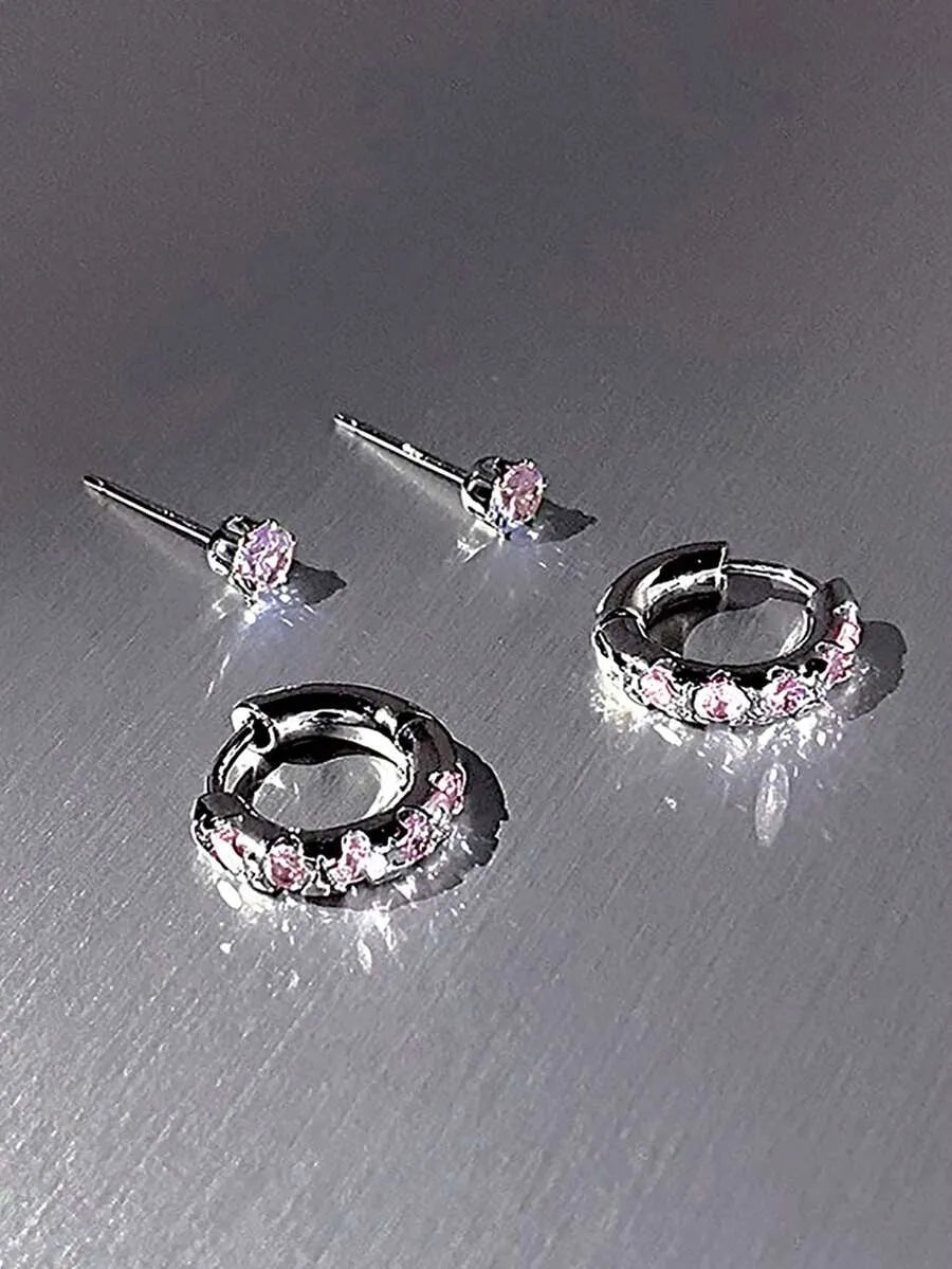 SHEIN أقراط أذن نسائية من قطعتين مرصعة بالزركونيا بلون وردي