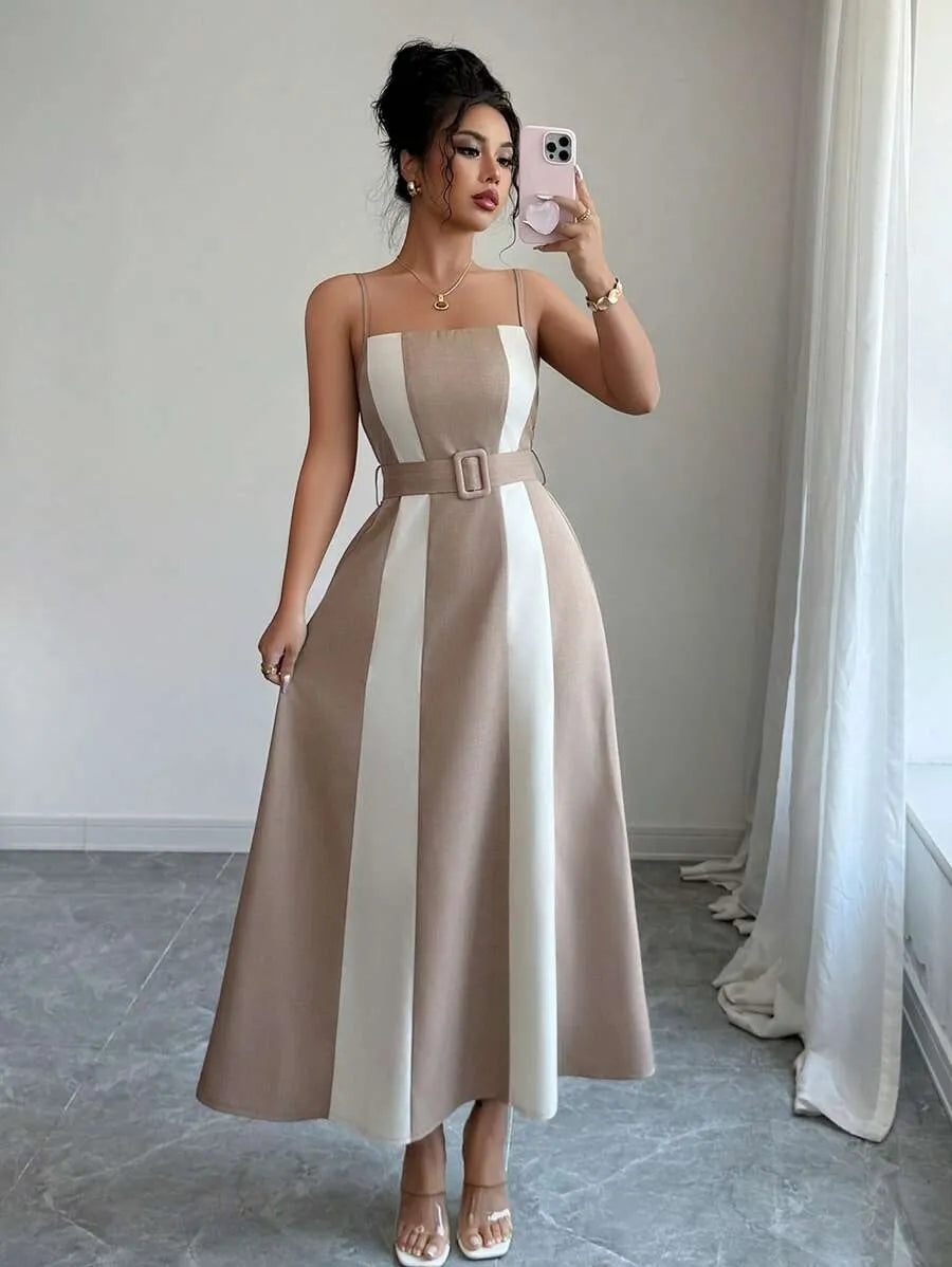 SHEIN Elenzga فستان ميدي بحمالات رفيعة وخصر مرتفع وخطوط ملونة بلون مشمشي
