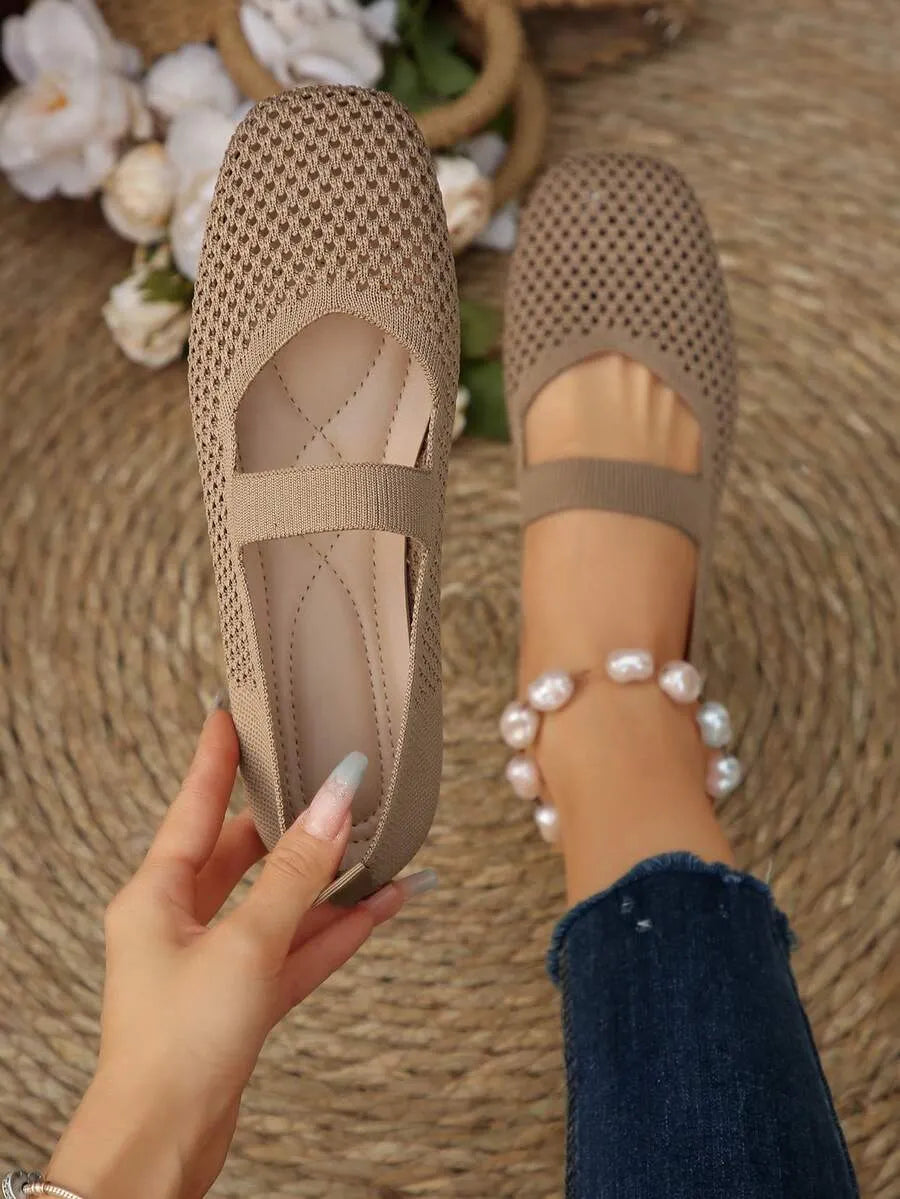 SHEIN أحذية ماري جين نسائية محبوكة مسطحة بمقدمة مربعة شبكة