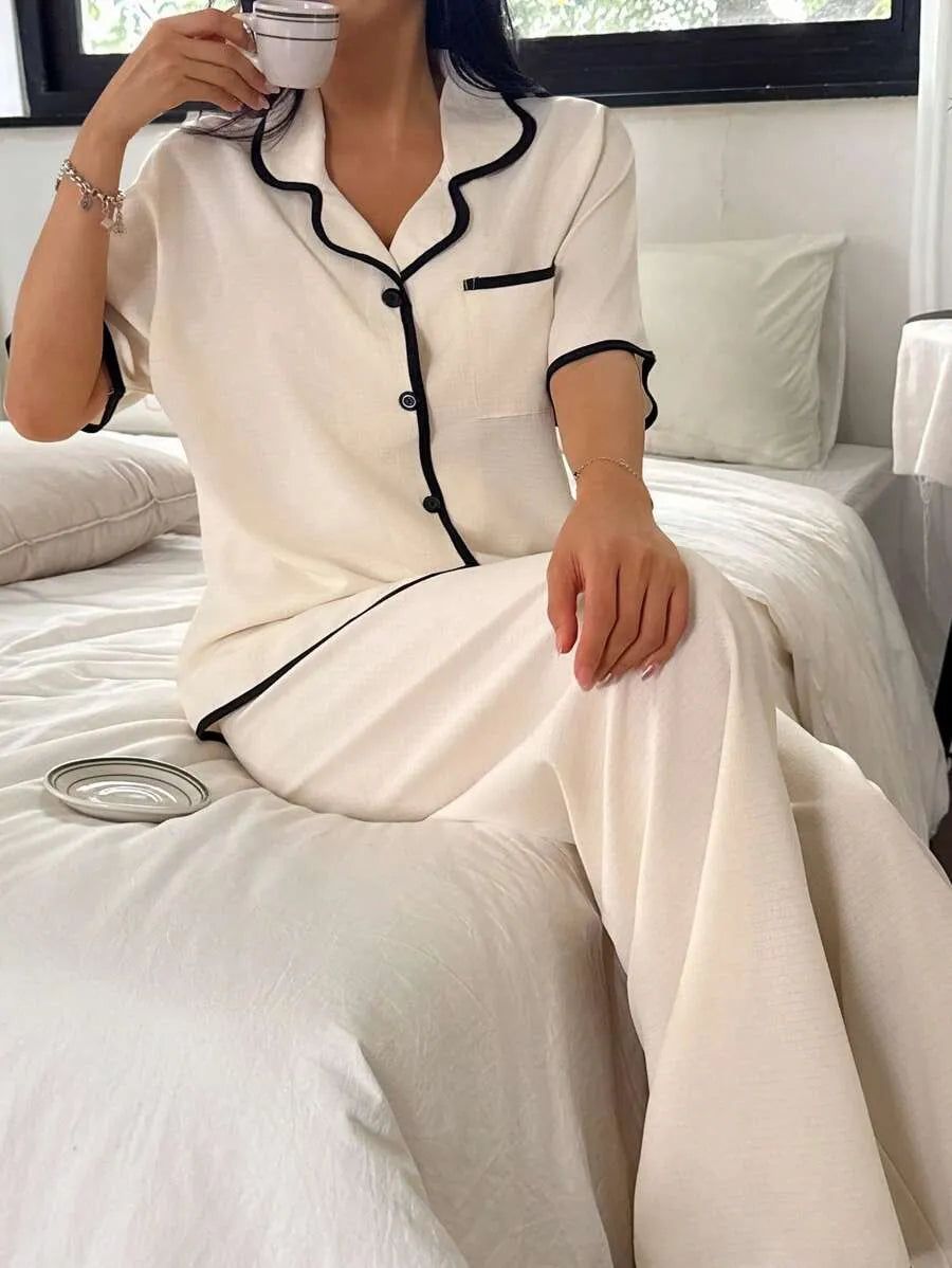 SHEIN Dream Adore بيجامة 2 قطعة بلون بيج فضفاضة بأكمام قصيرة وبنطلون طويل