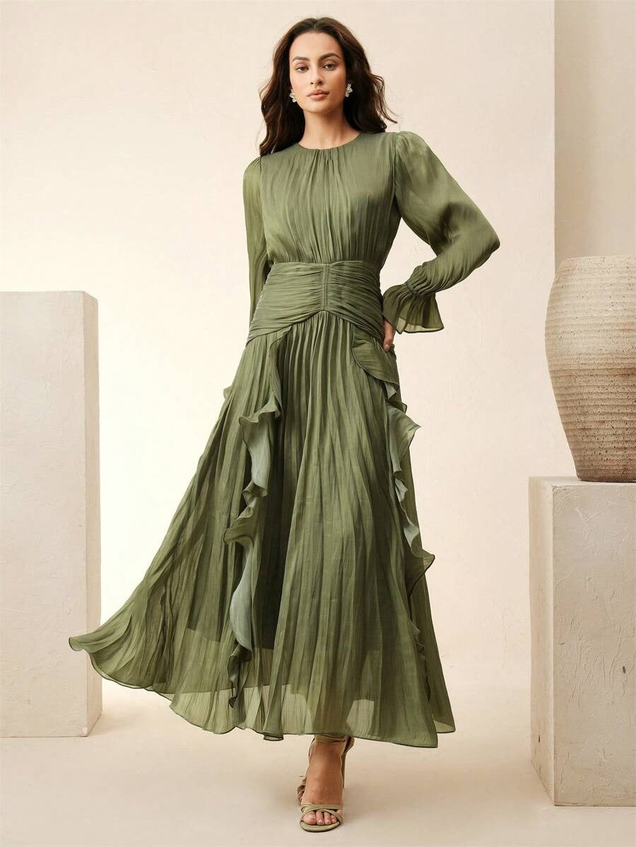 SHEIN Anewsta فستان أخضر زيتوني لامع بكشكش وخصر مجعّد