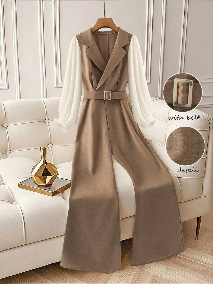 SHEIN GlowEve جمبسوت نسائي بخصر عالٍ وحزام وياقة وساق واسعة متعدد الألوان