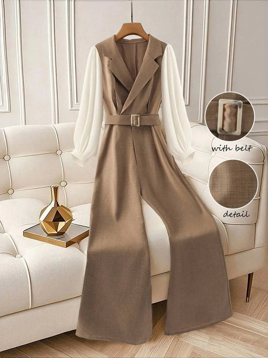 SHEIN GlowEve جمبسوت نسائي بخصر عالٍ وحزام وياقة وساق واسعة متعدد الألوان