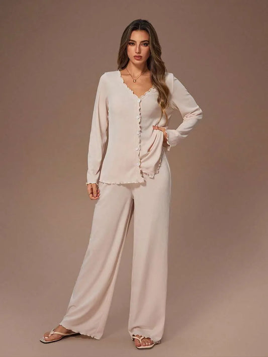 SHEIN Lazeform طقم بيجامة قطعتين كارديجان وبنطلون ضيق بلون مشمشي