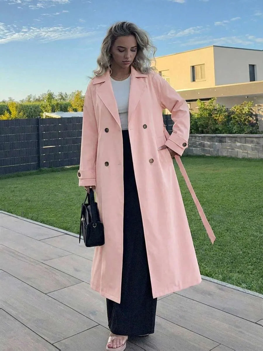 SHEIN Jeta Ari معطف ترينش ميدي مزدوج الصدر بياقة كلاسيكية وجيوب بلون وردي