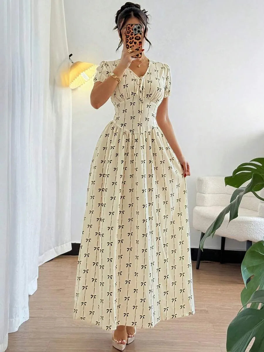 SHEIN فستان ماكسي بياقة عميقة وأكمام قصيرة وخصر ملفوف بلون مشمشي