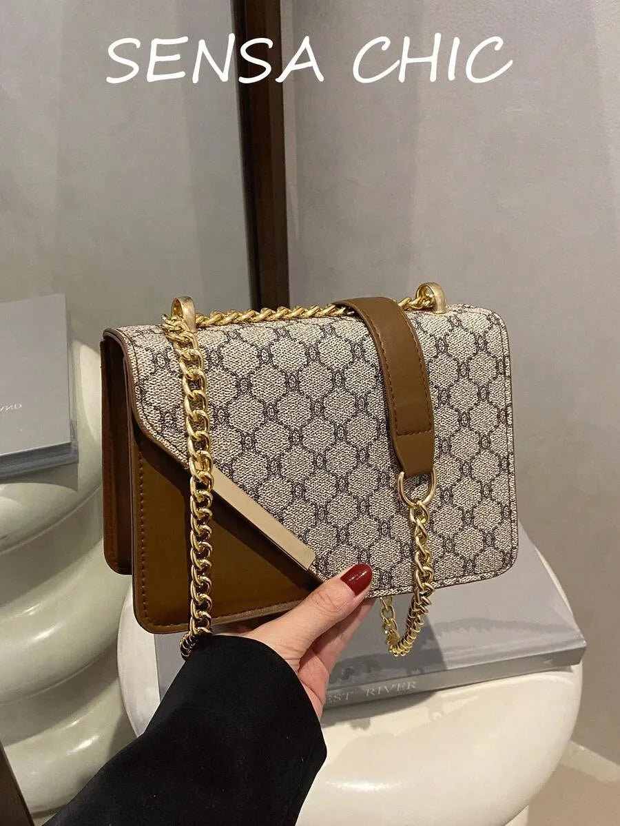 SHEIN حقيبة كروس بودي رمادية عصرية بخياطة بحزام سلسلة معدنية للتنقل والتسوق