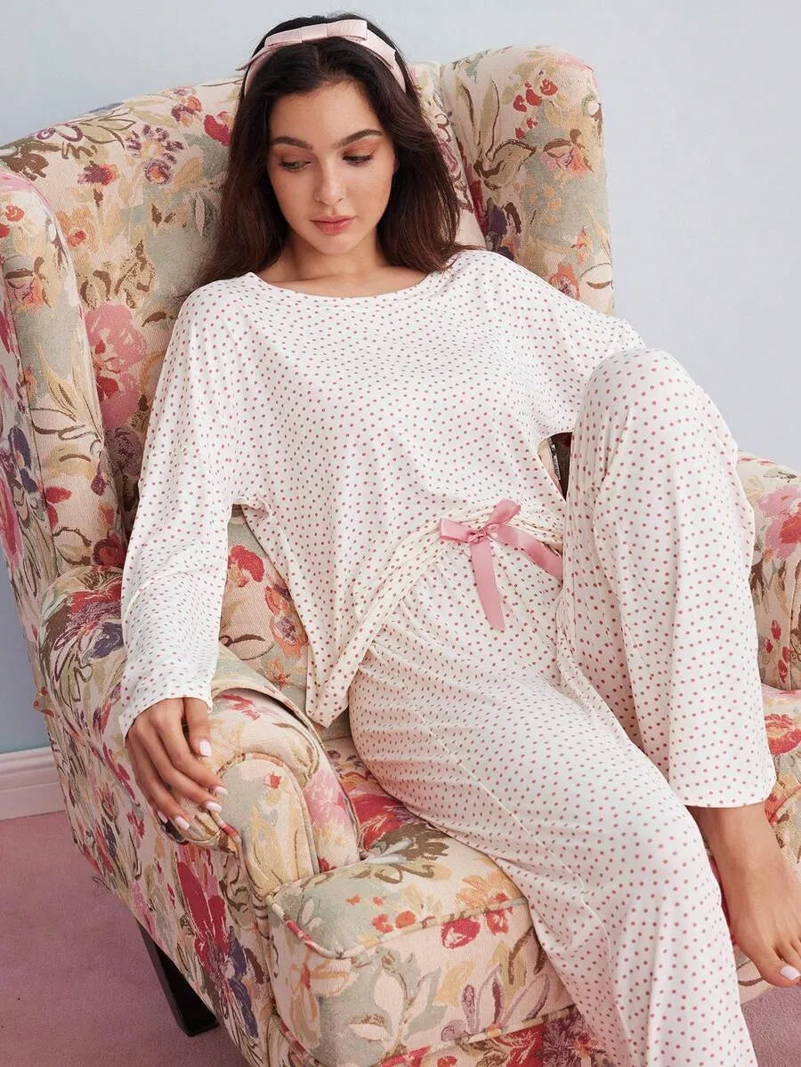 SHEIN Elorette طقم بيجاما قطعتين بكشكشة أمامية بأكمام طويلة بلون أبيض