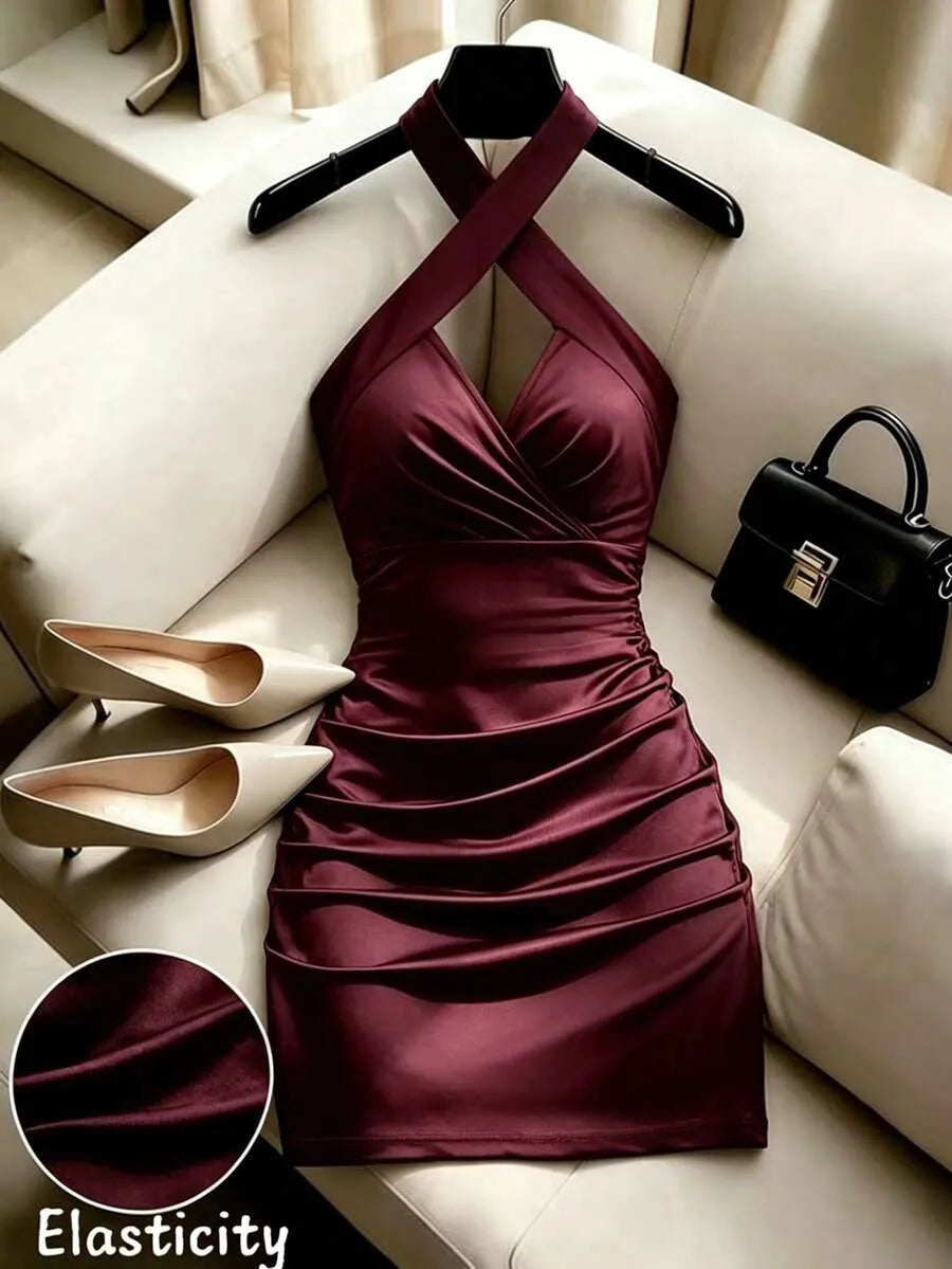 SHEIN Franclia فستان بلون عنابي اللون قصير برسن وثنيات وبدون أكمام