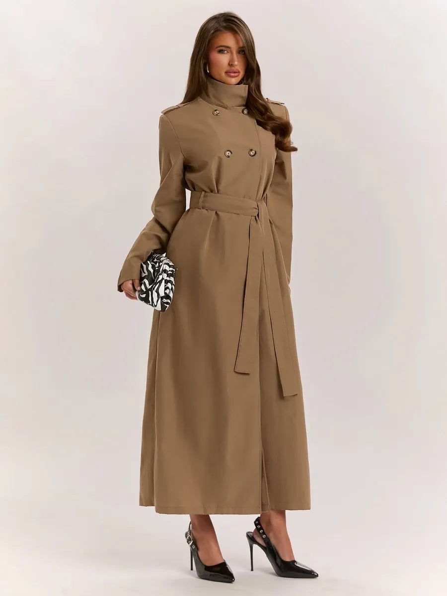 SHEIN BAE معطف طويل مزدوج الصدر بحزام وجيوب بلون كاكي