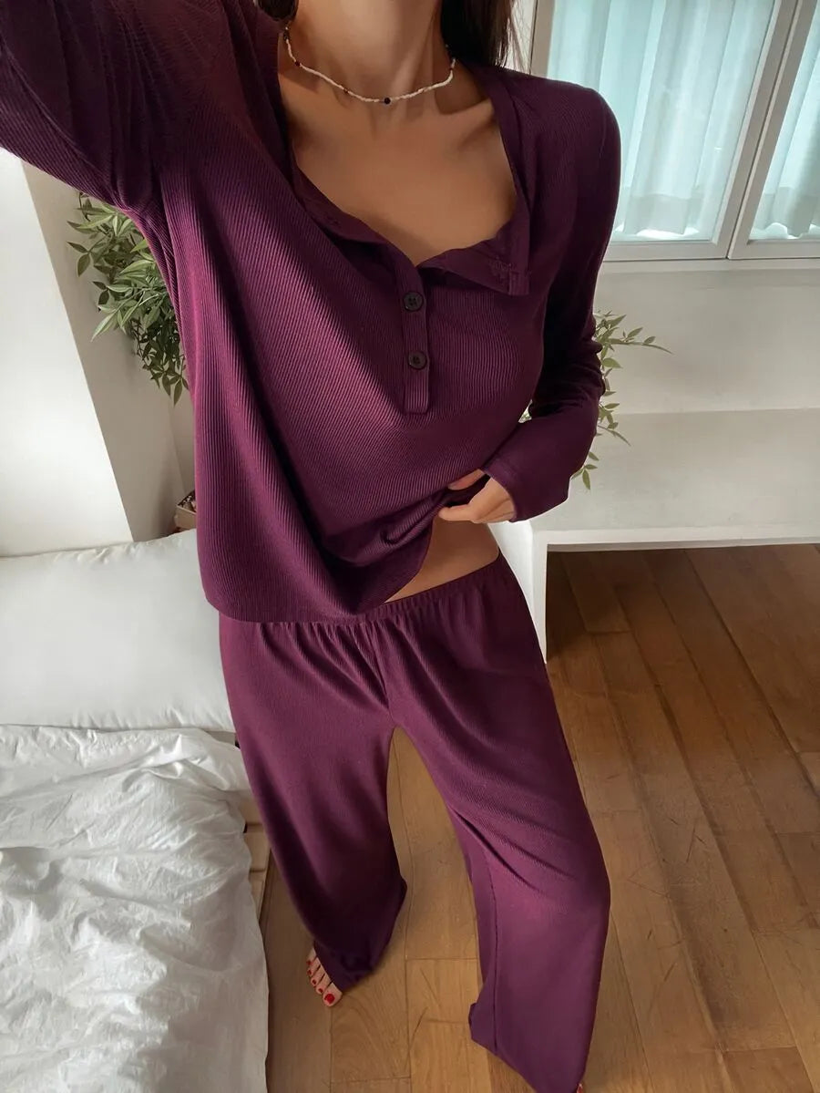 SHEIN DAZY طقم قطعتين بأكمام طويلة وبنطلون بلون عنابي