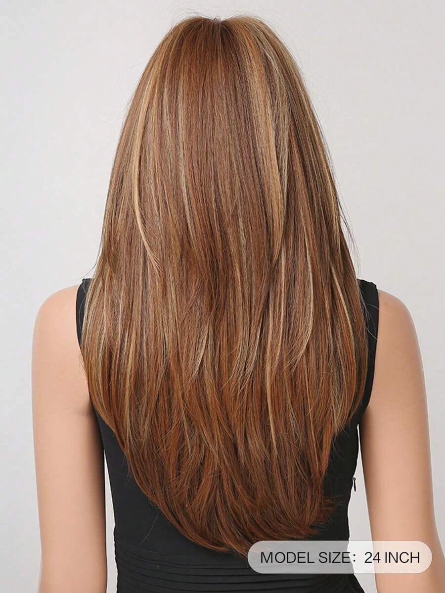 SHEIN باروكة شعر مستقيم بطول 24 بوصة بلون بني مظلل مع غرة